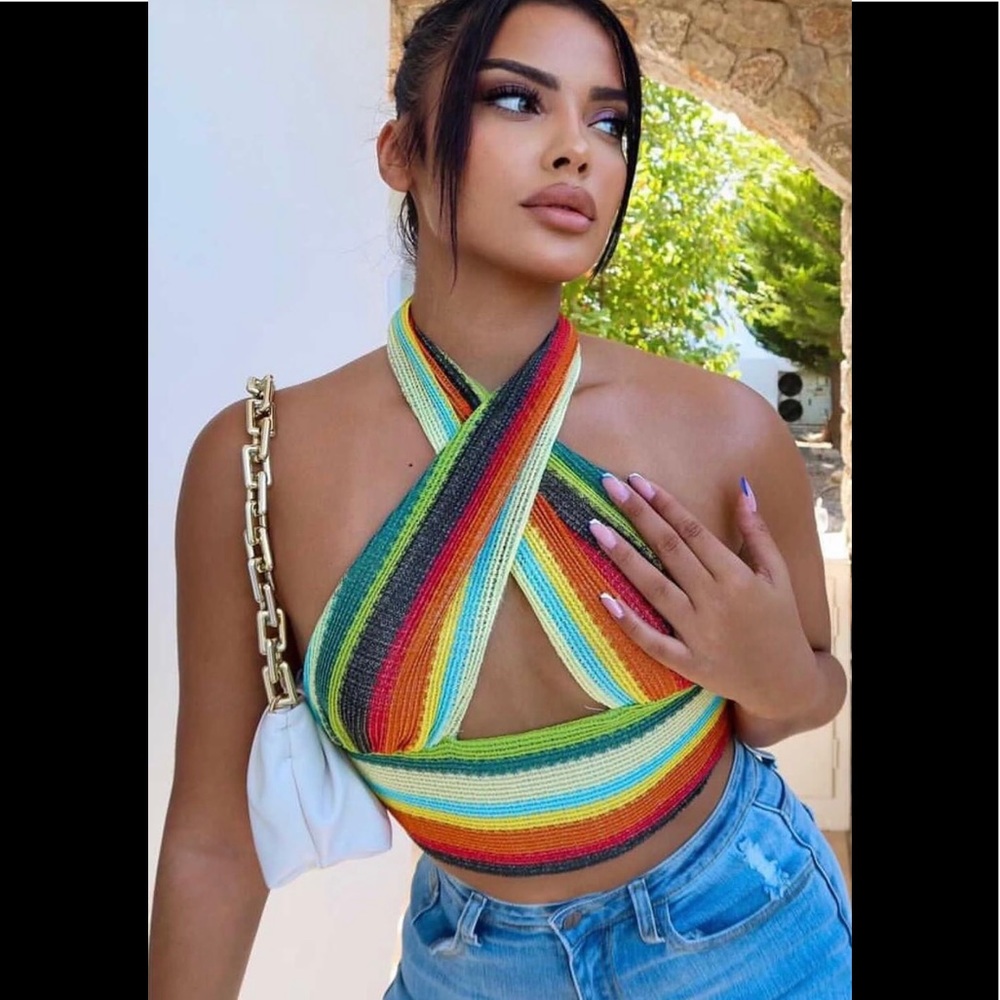Crotchet Knit Halter Crop Top- Green Multi